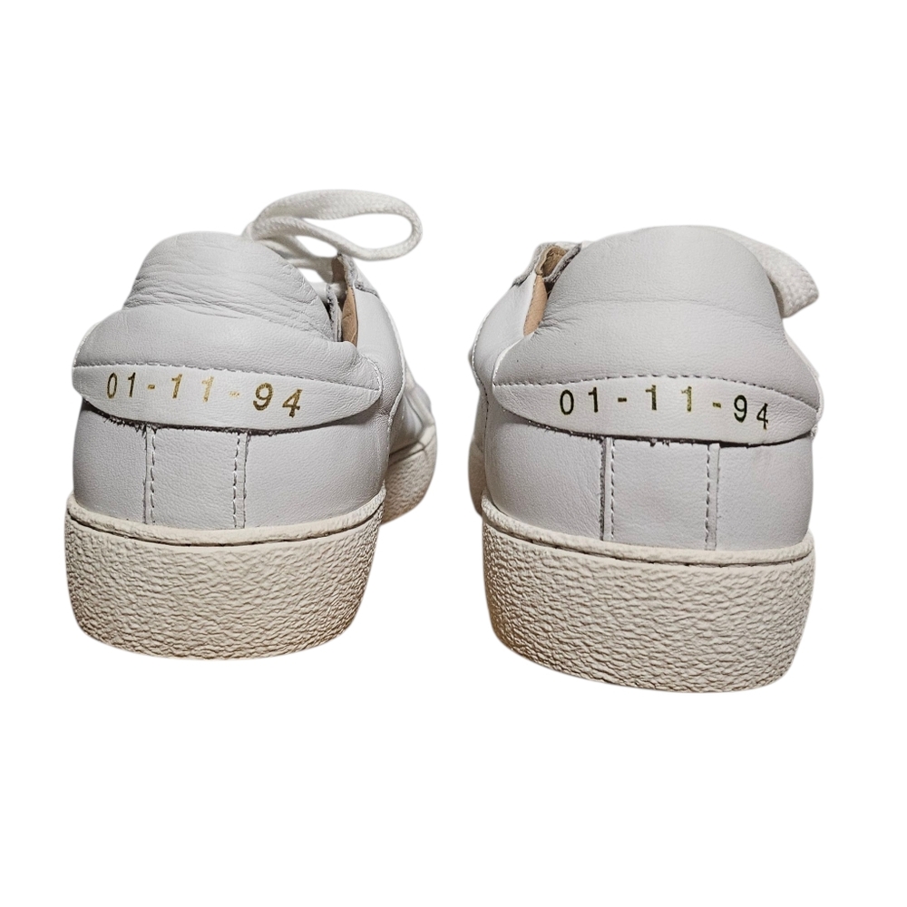 ALLSAINTS Sneaker White Leather Low Top Sheer Tennis Shoe Gold Lettering sz 7 - Picture 5 of 10